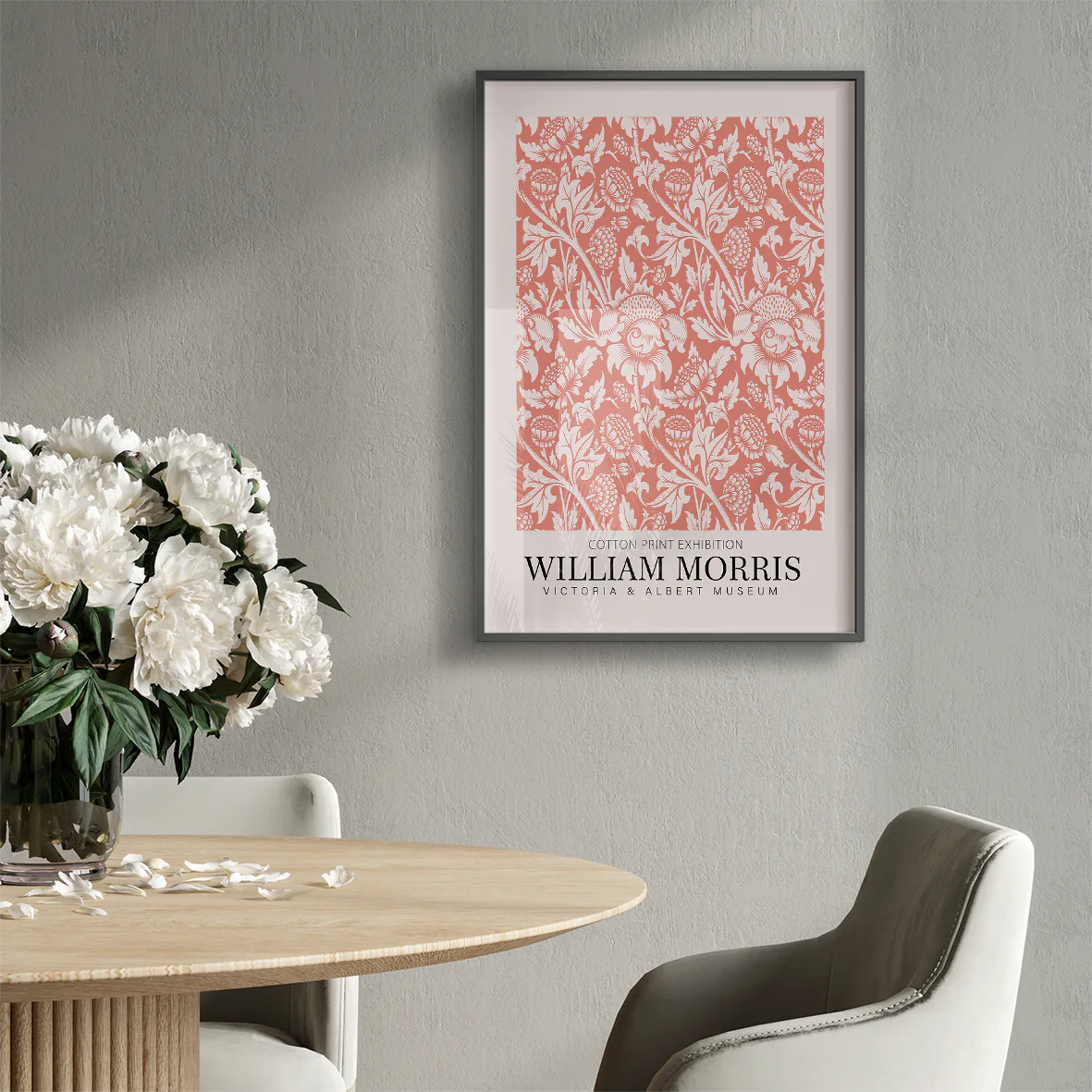 Detailed botanical cotton print in coral by William Morris