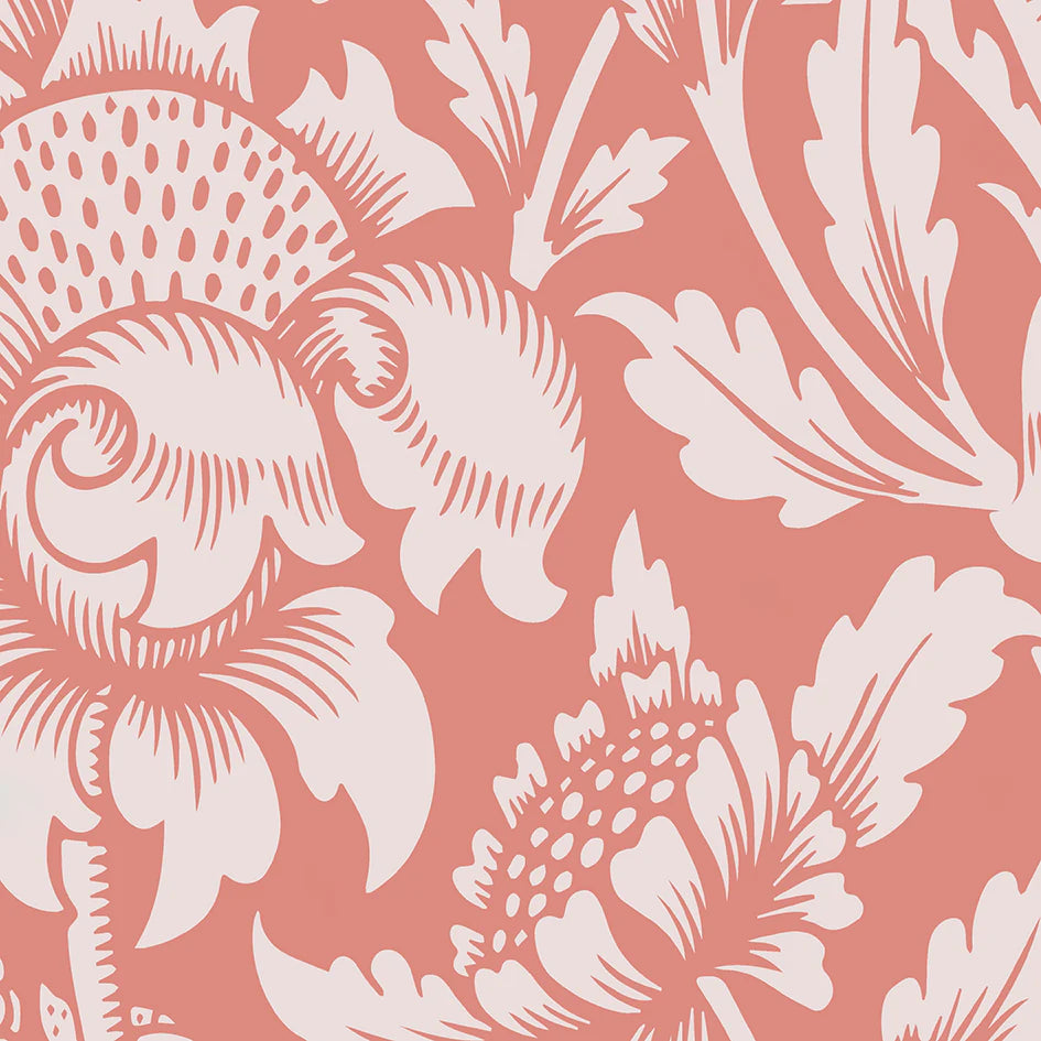 Detailed botanical cotton print in coral by William Morris