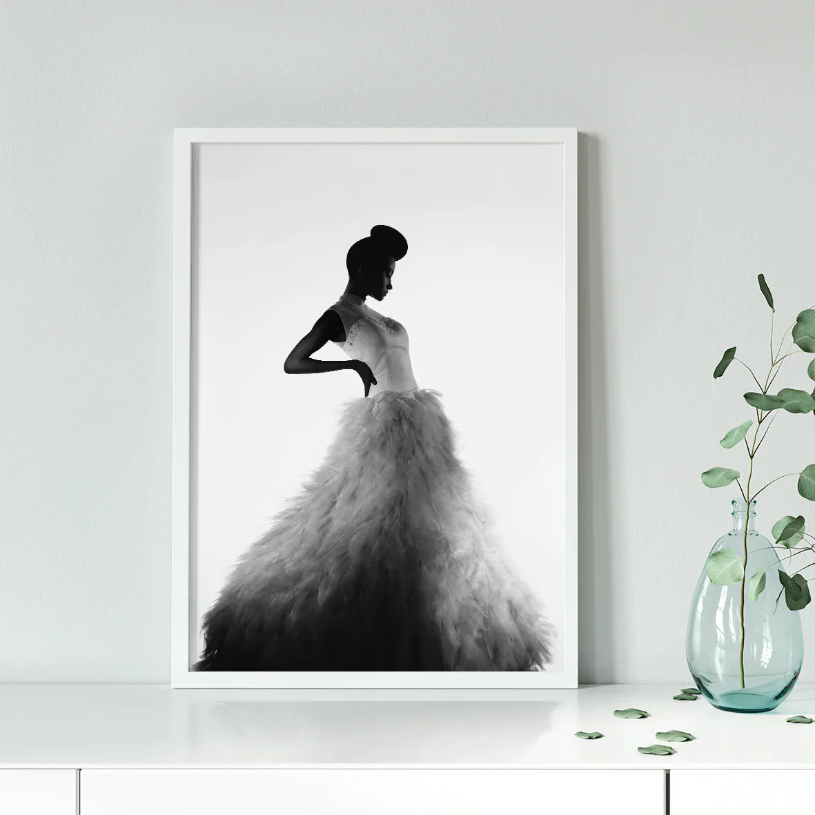 Monochrome fashion art depicting a stylish woman in a luxurious dress with a dramatic flair