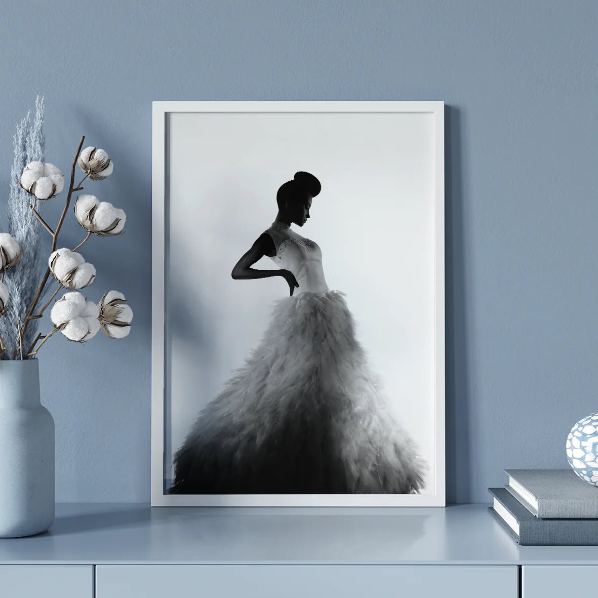 Monochrome fashion art depicting a stylish woman in a luxurious dress with a dramatic flair