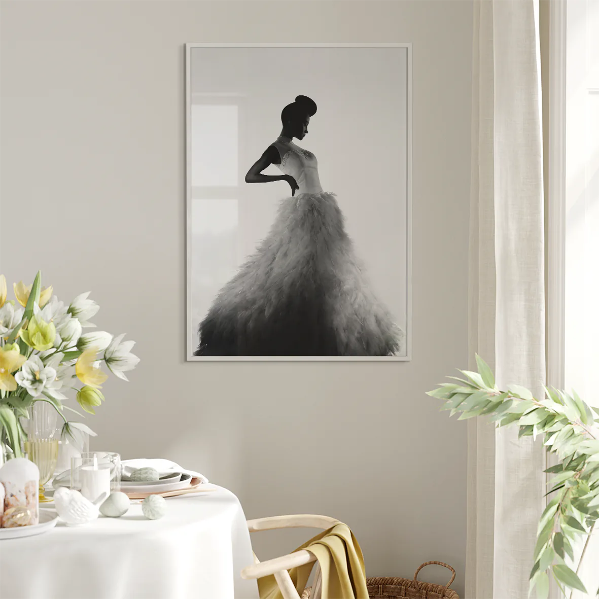 Monochrome fashion art depicting a stylish woman in a luxurious dress with a dramatic flair