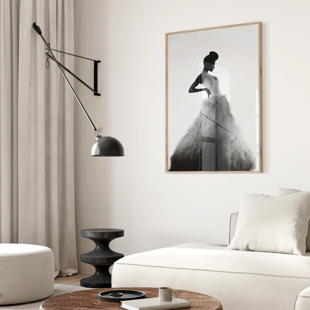 Monochrome fashion art depicting a stylish woman in a luxurious dress with a dramatic flair