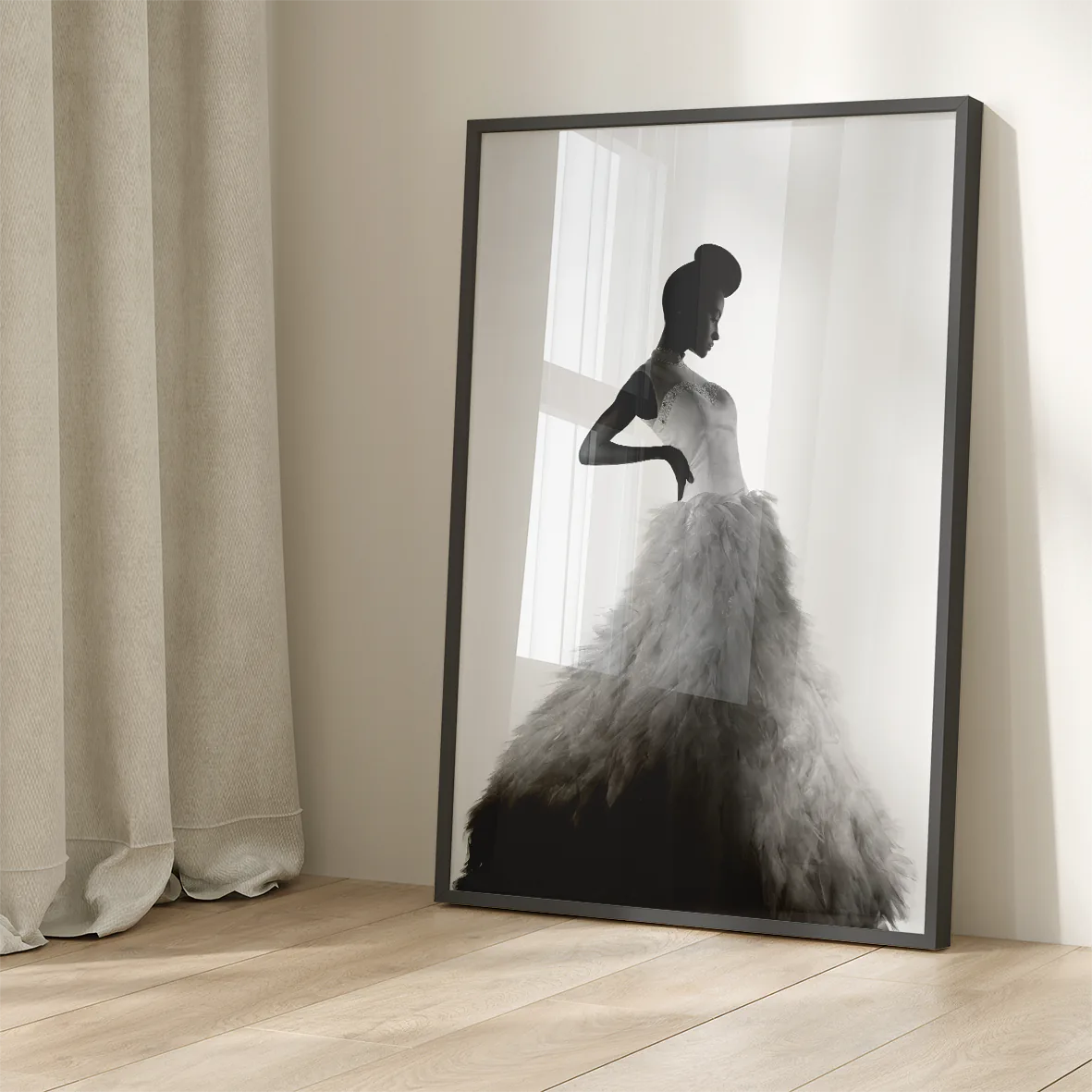 Monochrome fashion art depicting a stylish woman in a luxurious dress with a dramatic flair