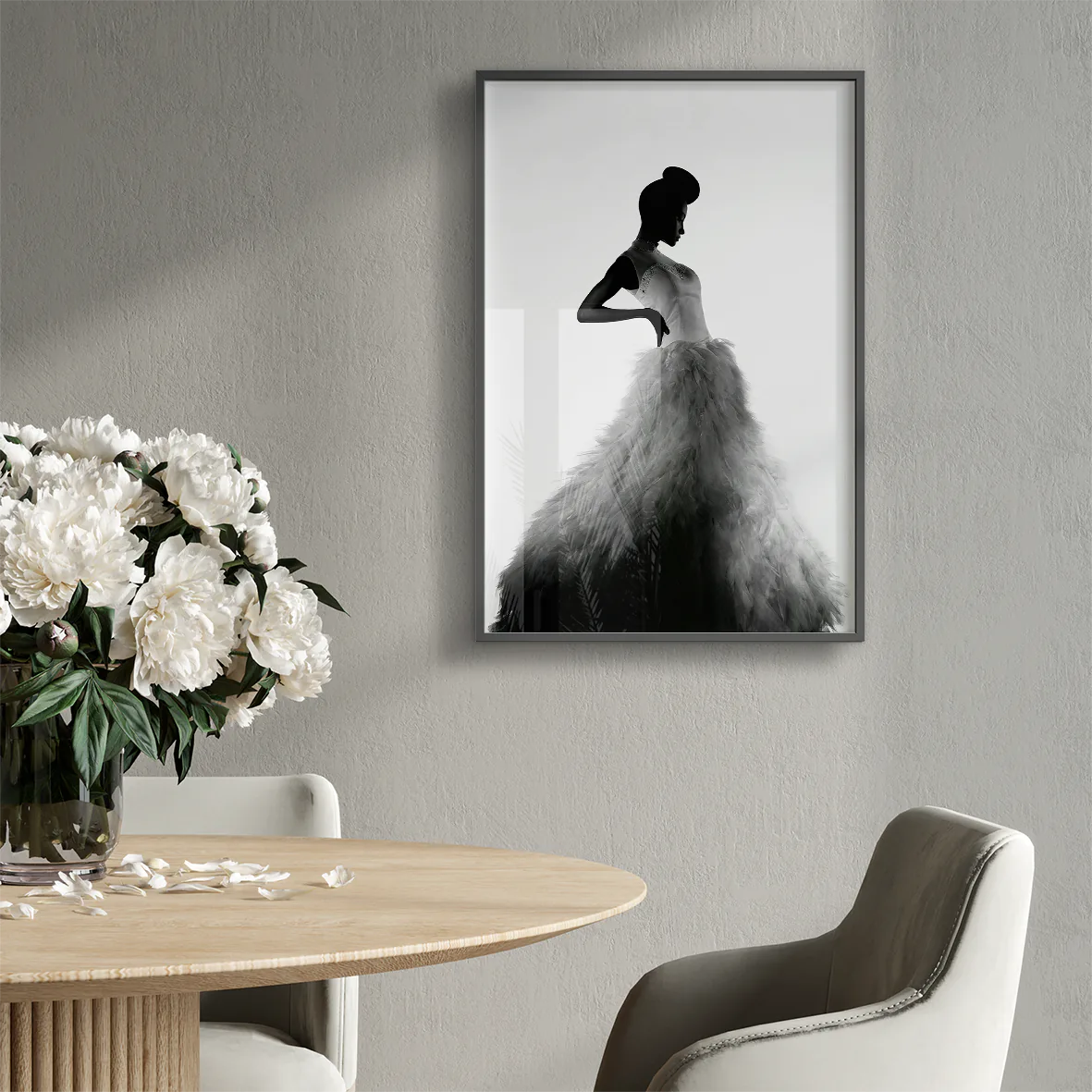 Monochrome fashion art depicting a stylish woman in a luxurious dress with a dramatic flair