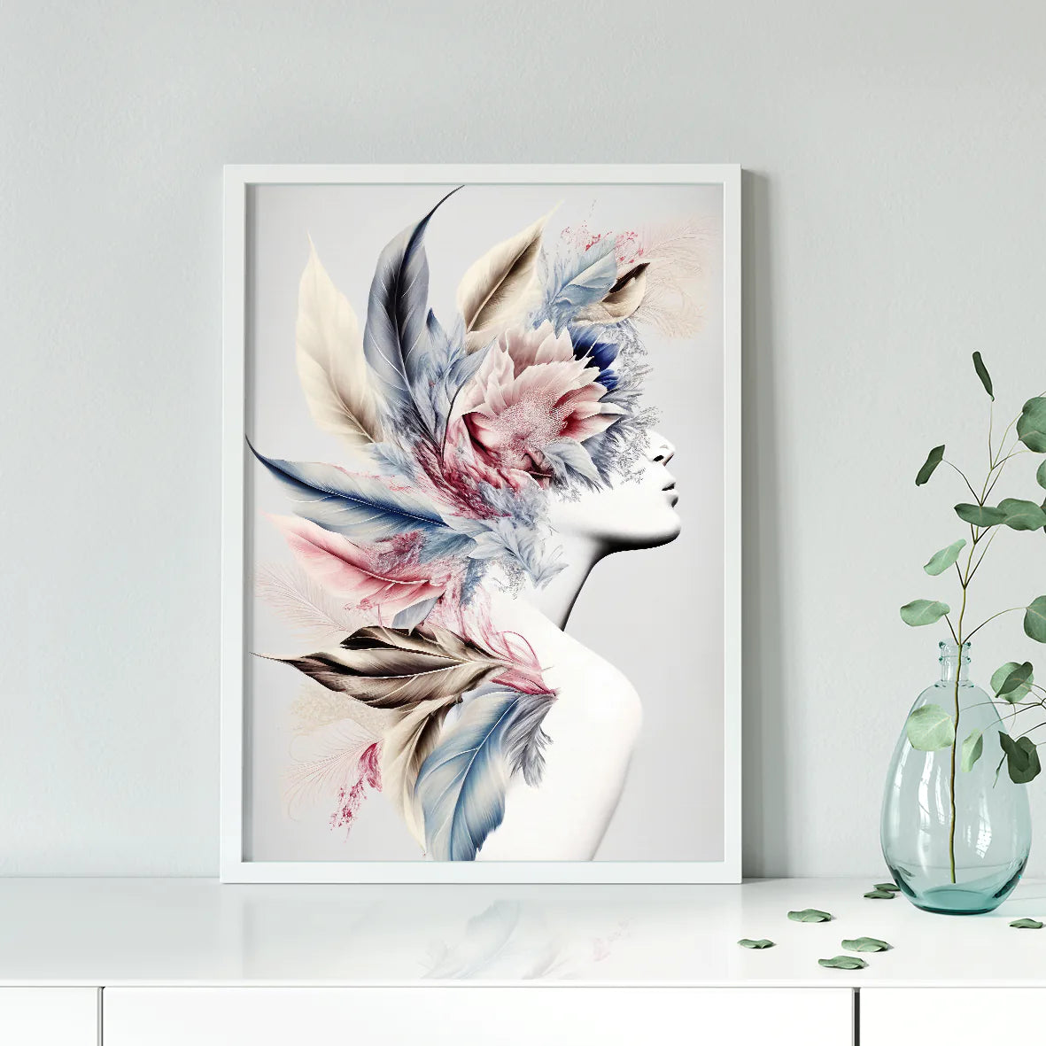 Wall art print of a figure with feathers and floral elements