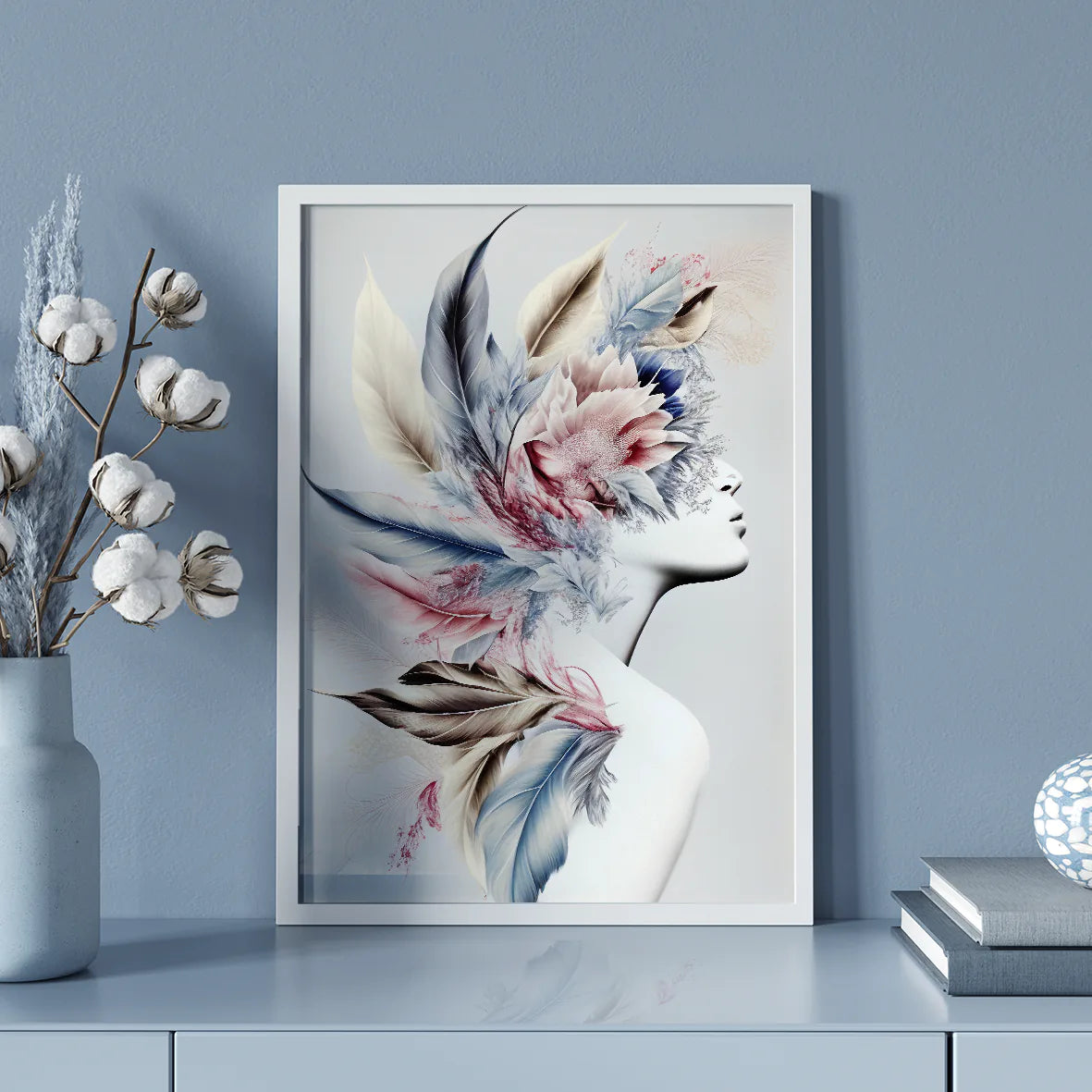 Wall art print of a figure with feathers and floral elements