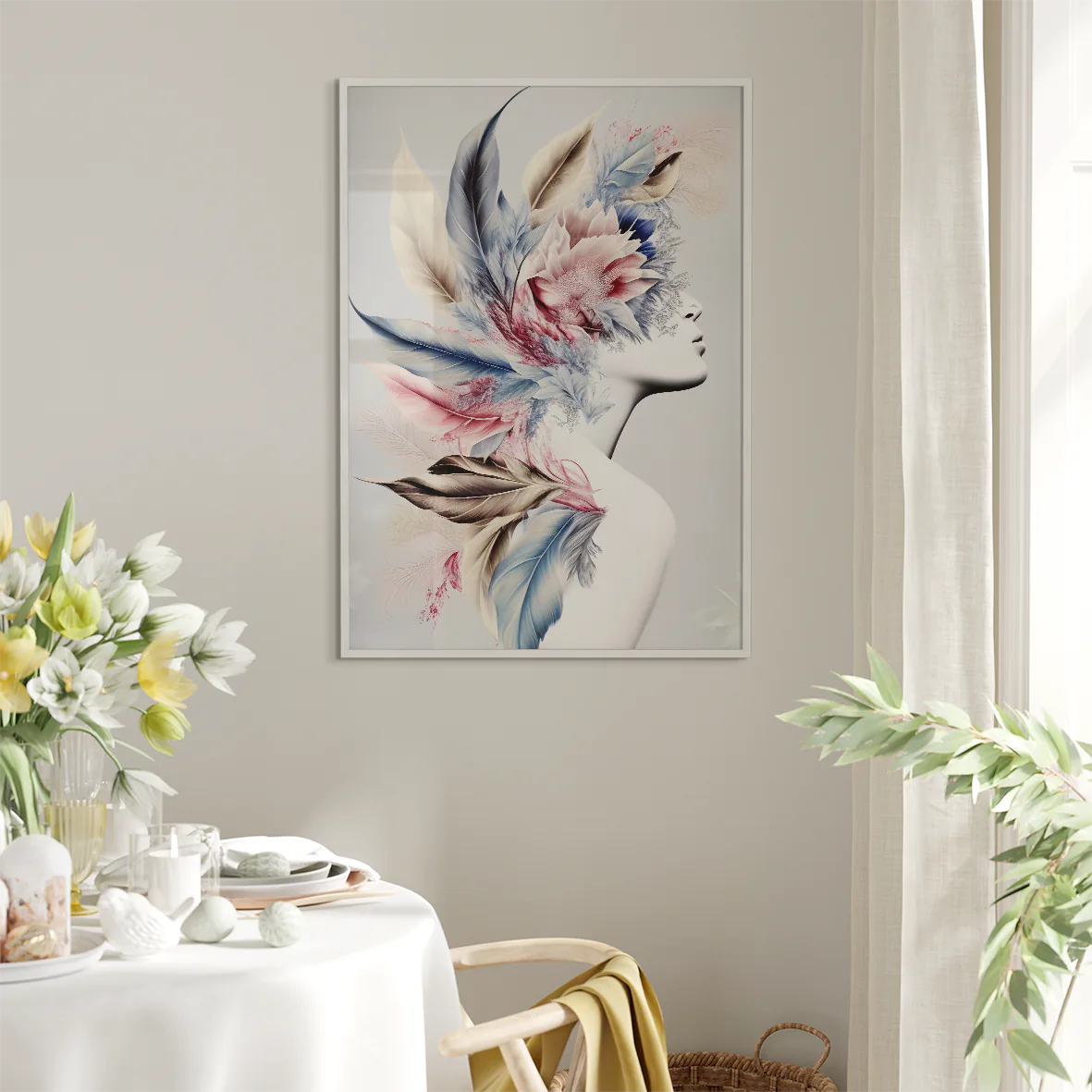 Wall art print of a figure with feathers and floral elements