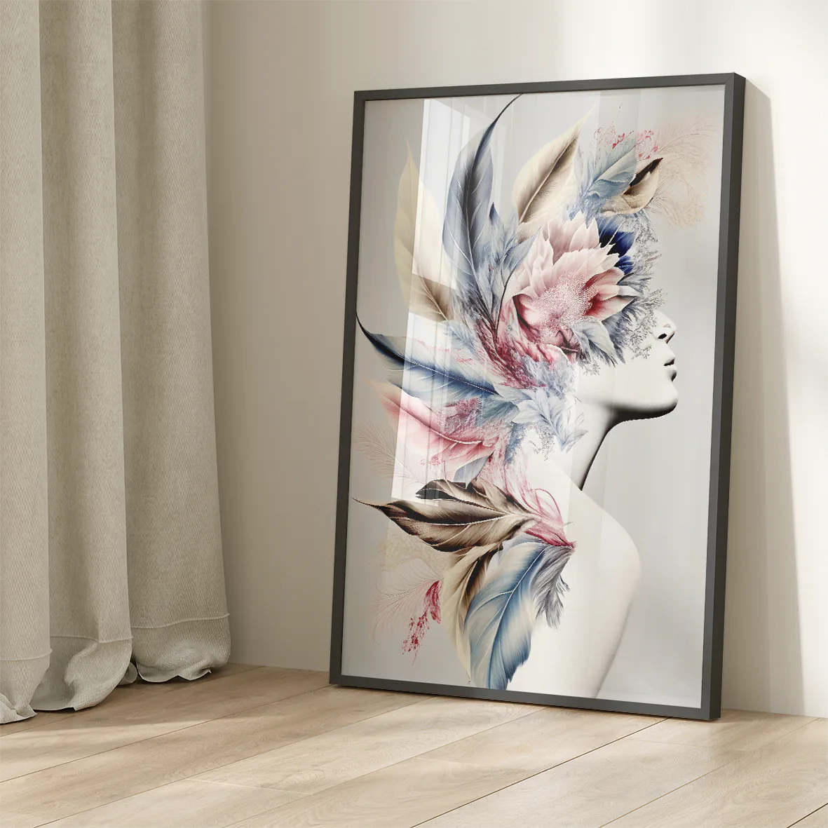 Wall art print of a figure with feathers and floral elements