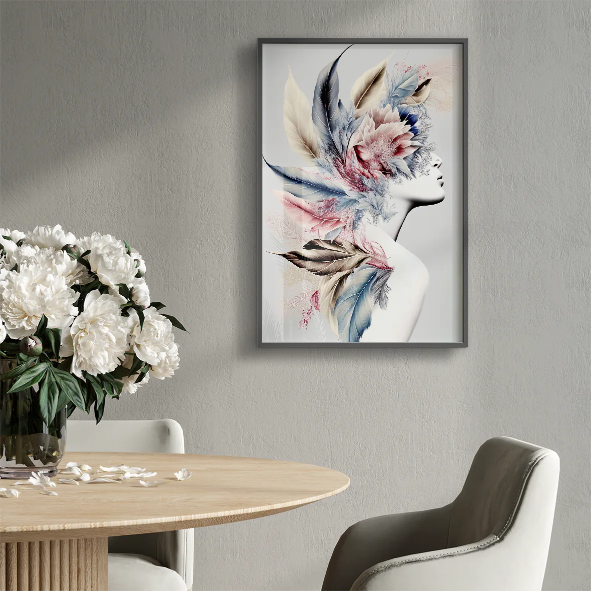 Wall art print of a figure with feathers and floral elements