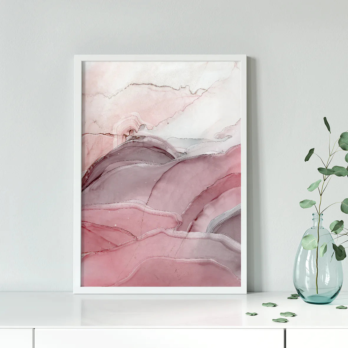 Abstract marbled wall art in shades of pink and grey