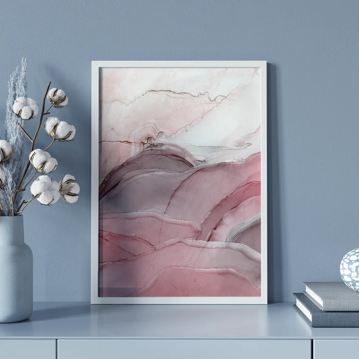 Abstract marbled wall art in shades of pink and grey