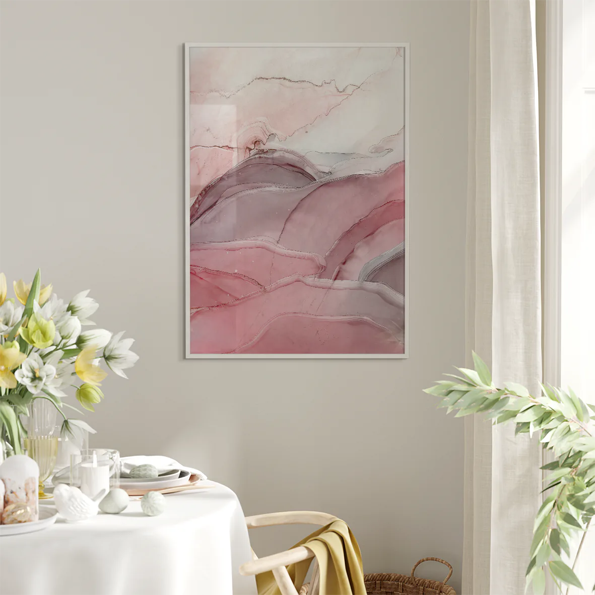 Abstract marbled wall art in shades of pink and grey