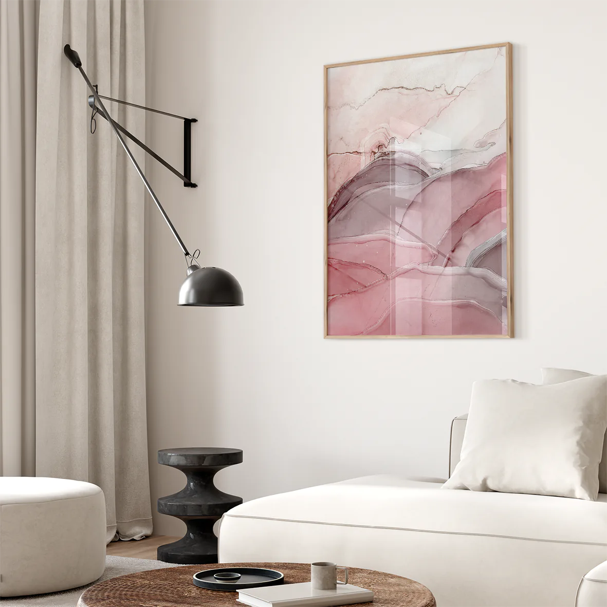 Abstract marbled wall art in shades of pink and grey