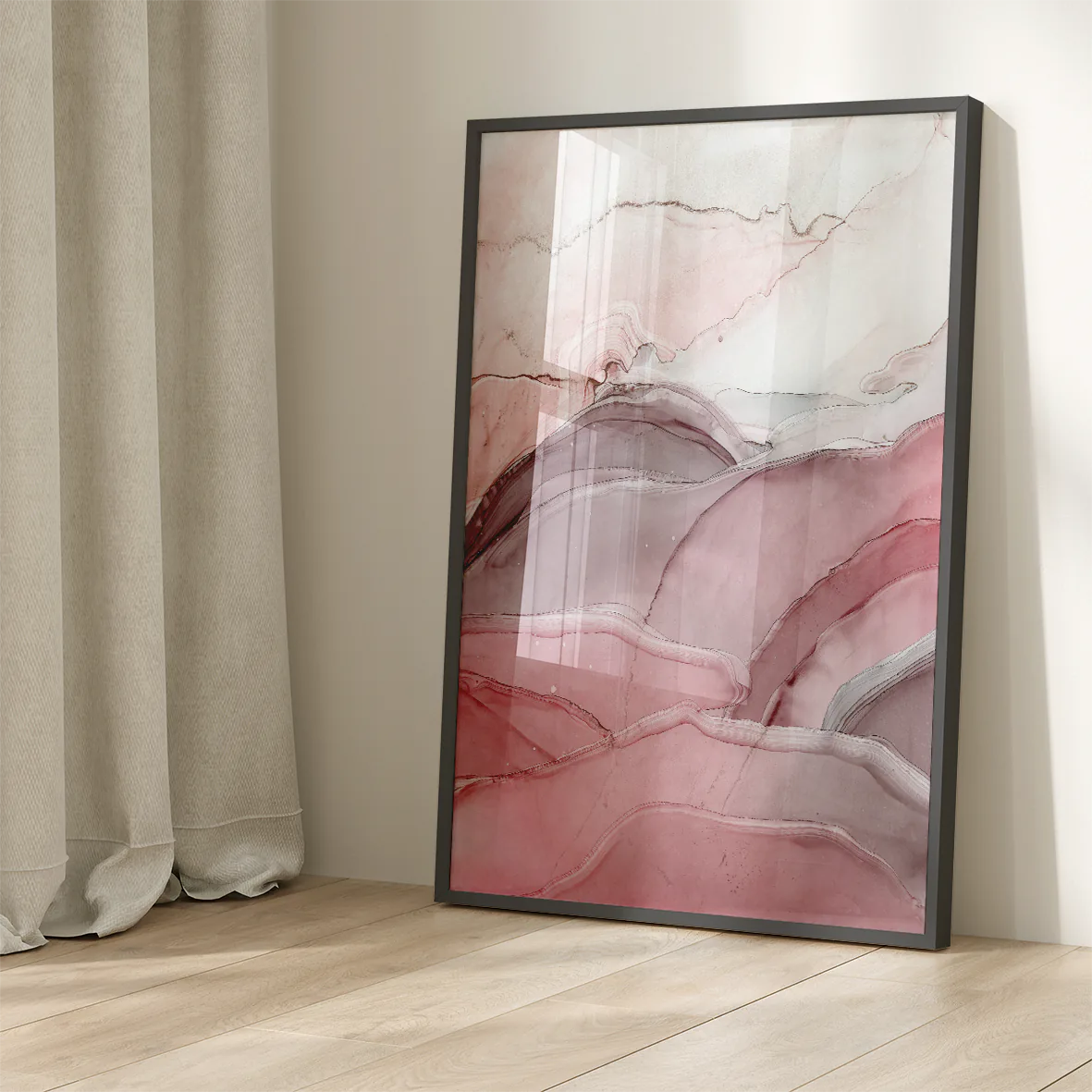 Abstract marbled wall art in shades of pink and grey