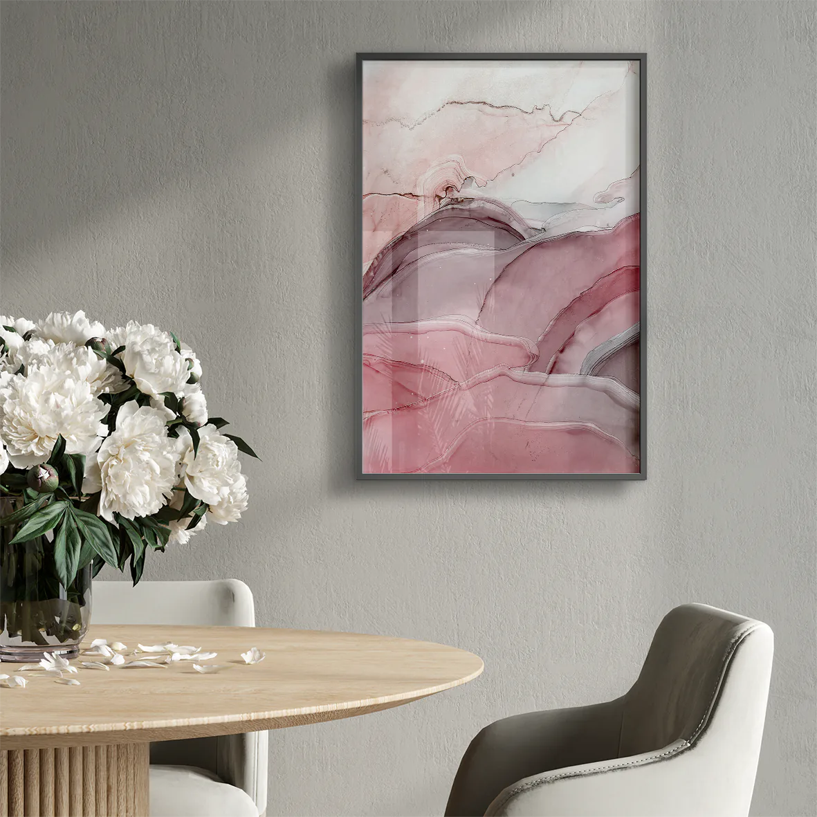 Abstract marbled wall art in shades of pink and grey