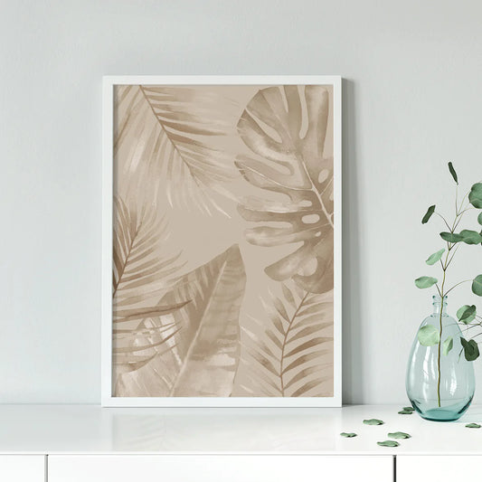 Sepia-tone watercolor painting of tropical leaves