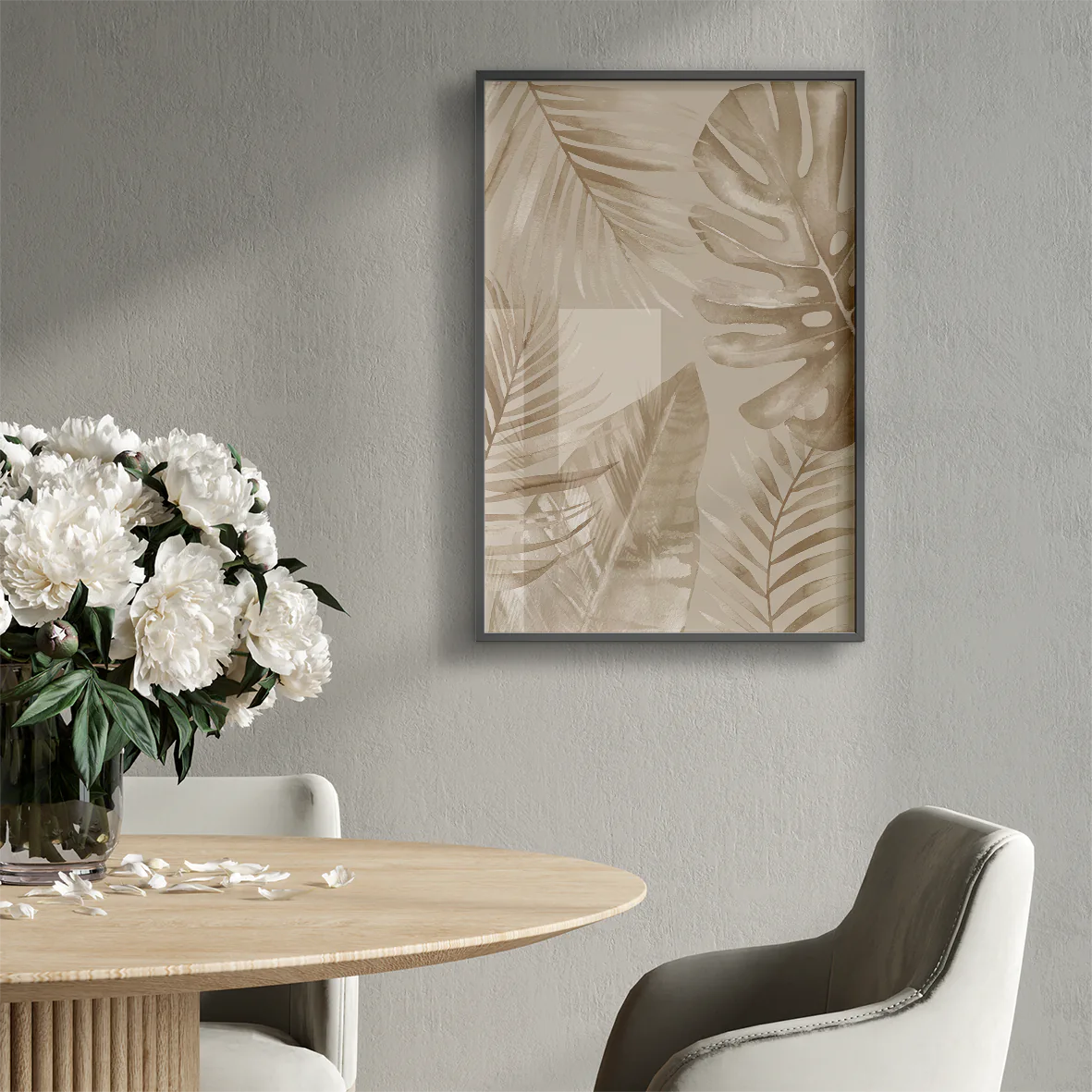 Sepia-tone watercolor painting of tropical leaves