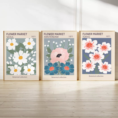 スレートブルーやセージ背景に白とピンクの花を描いたフラワーマーケットポスター3枚セット