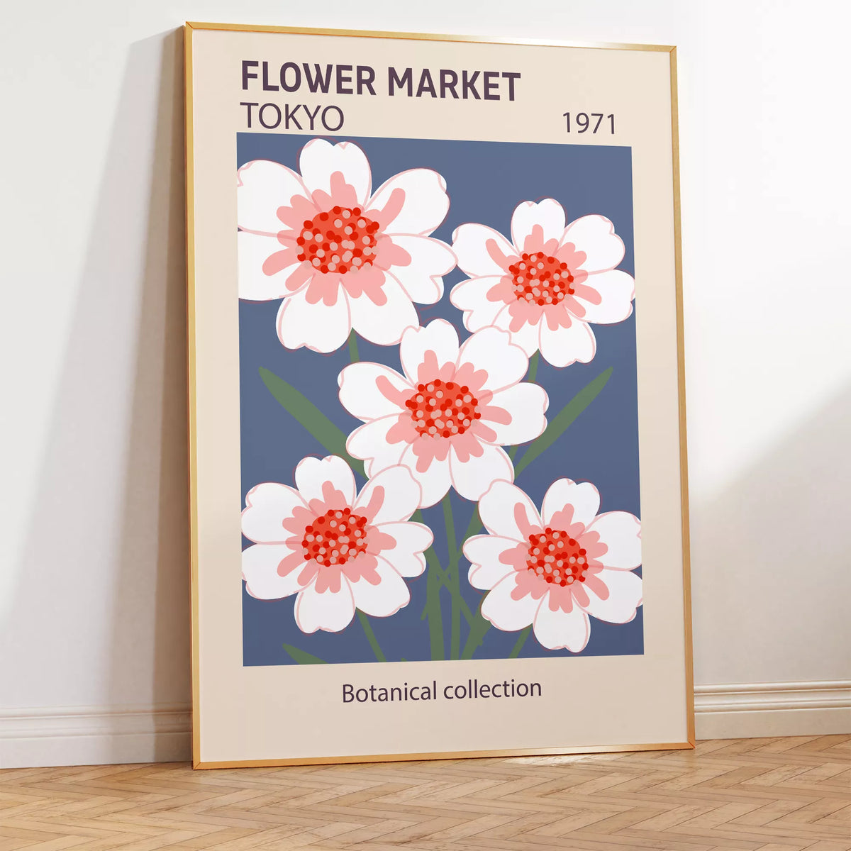 スレートブルーの背景に白とピンクの花を描いたフラワーマーケットポスター
