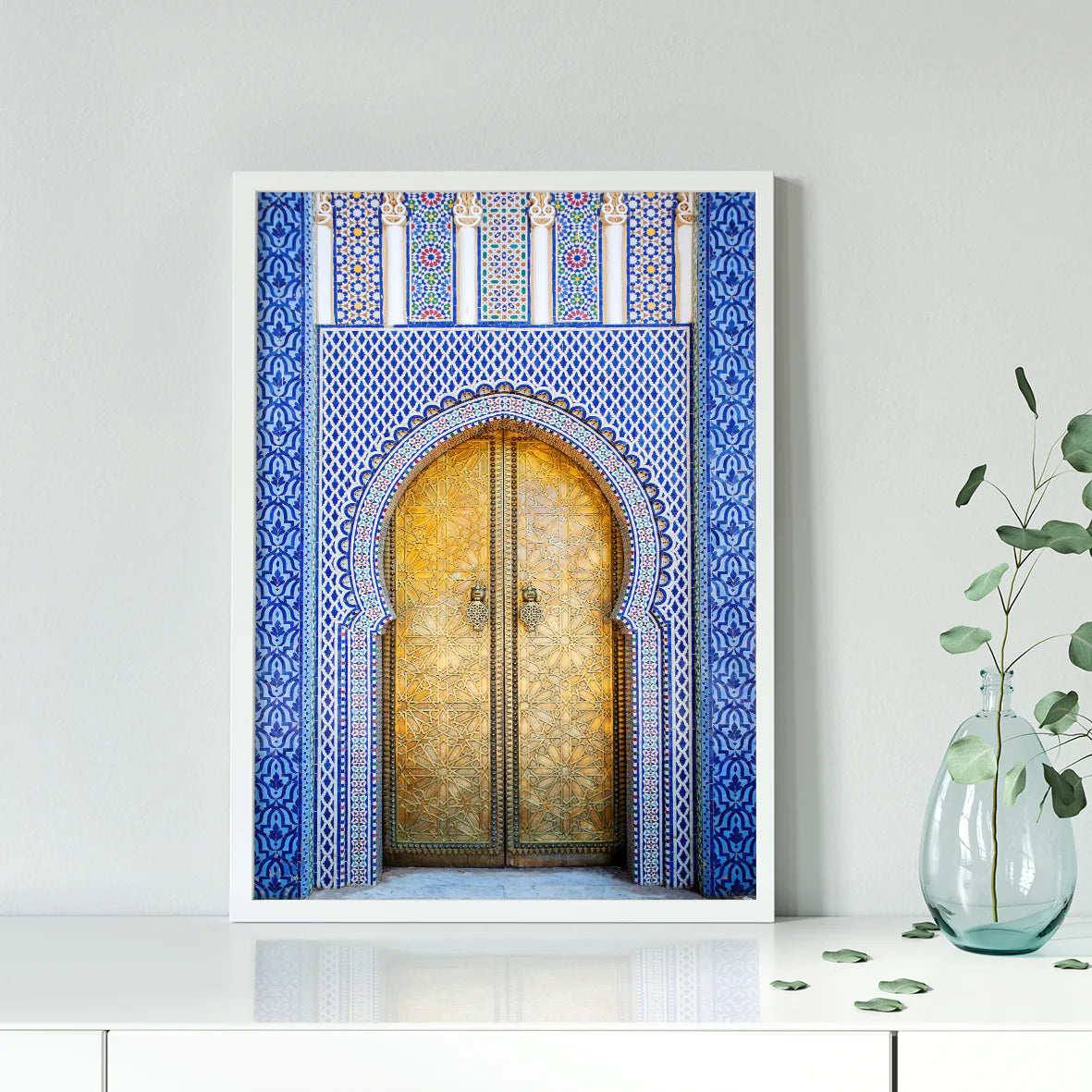 Golden door with blue and white tile design wall art print