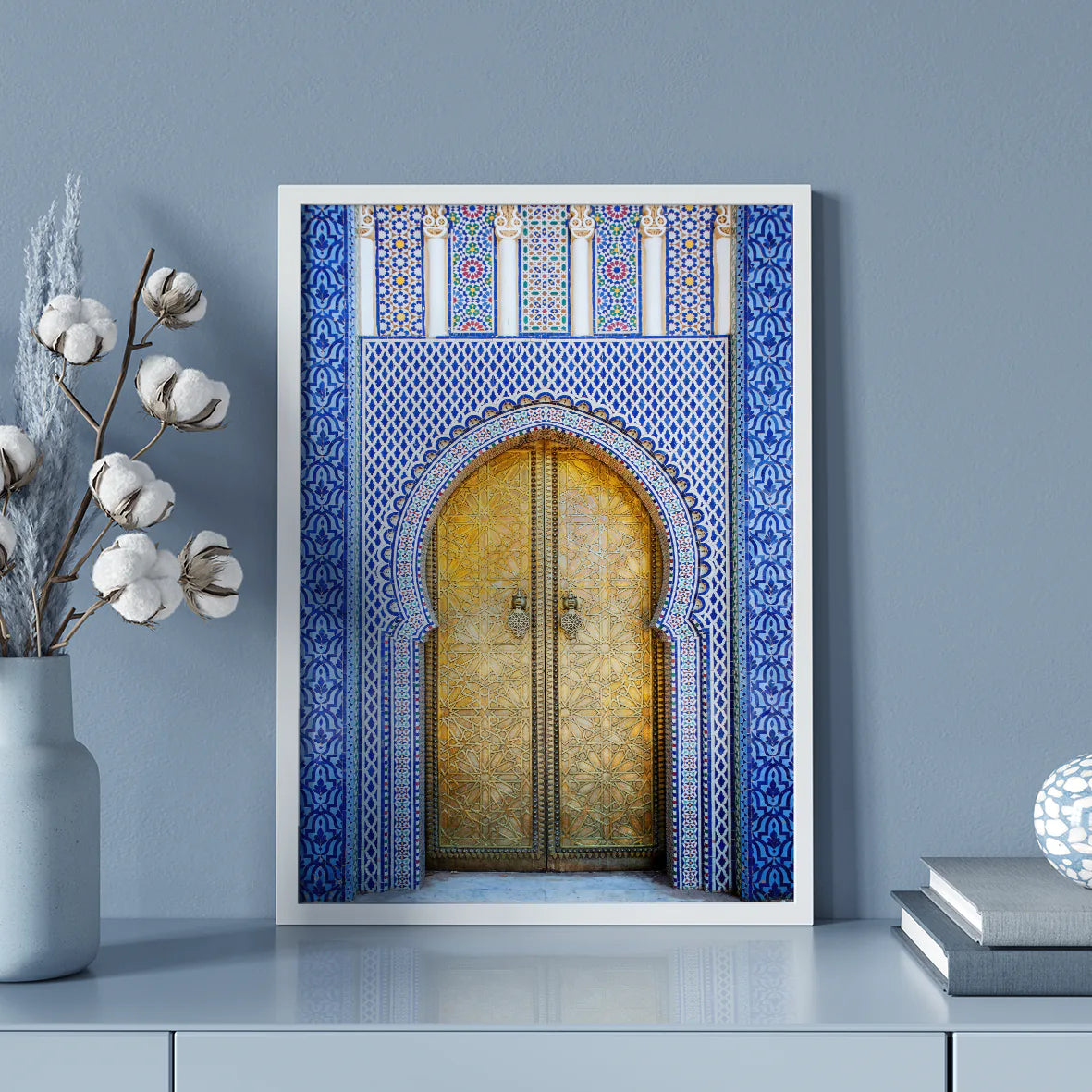 Golden door with blue and white tile design wall art print