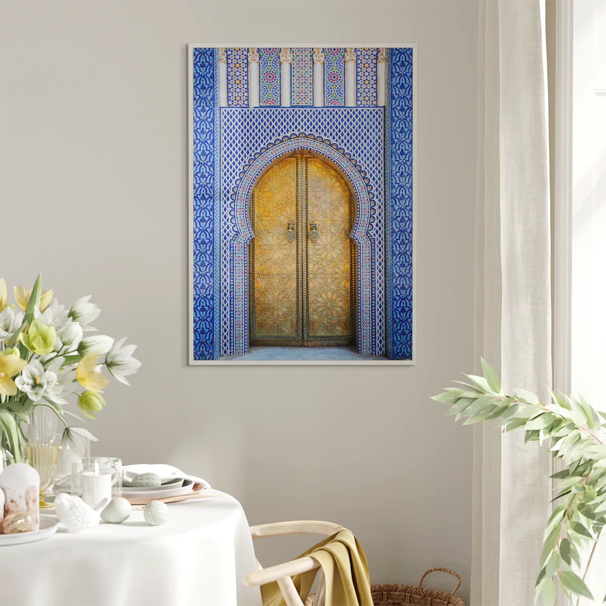 Golden door with blue and white tile design wall art print