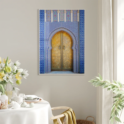 Golden door with blue and white tile design wall art print