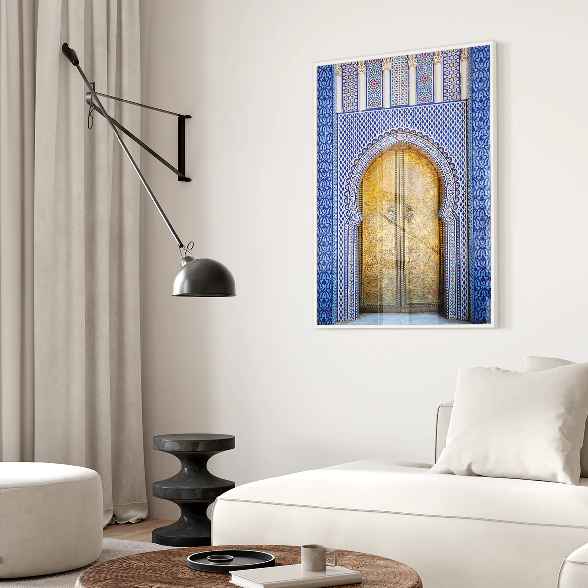 Golden door with blue and white tile design wall art print