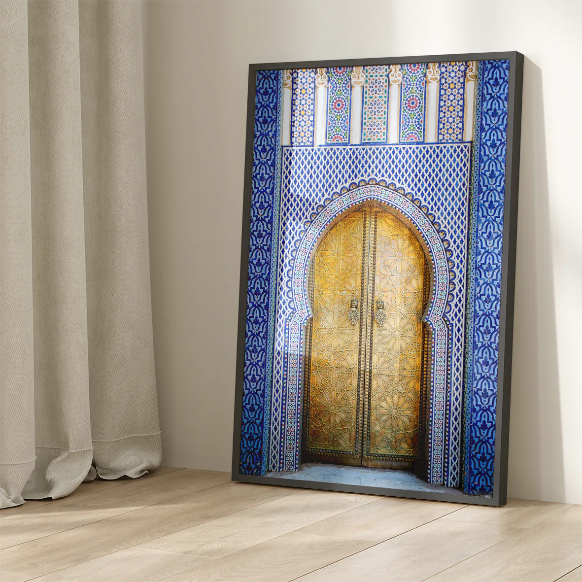 Golden door with blue and white tile design wall art print