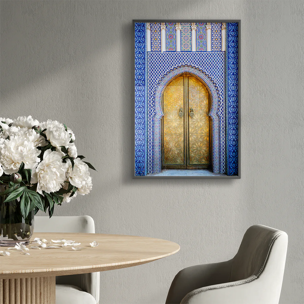 Golden door with blue and white tile design wall art print