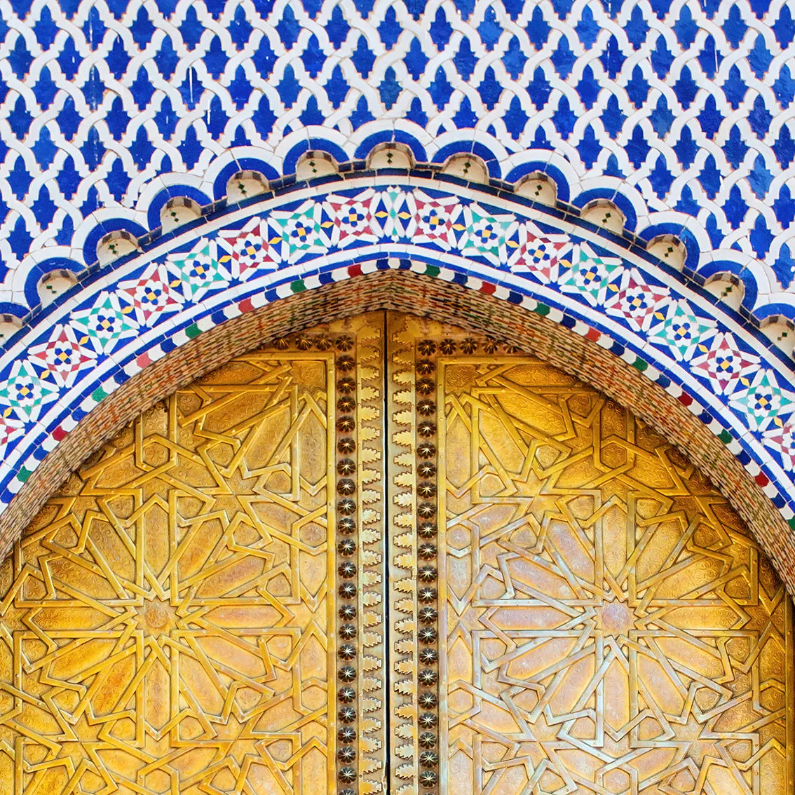 Golden door with blue and white tile design wall art print