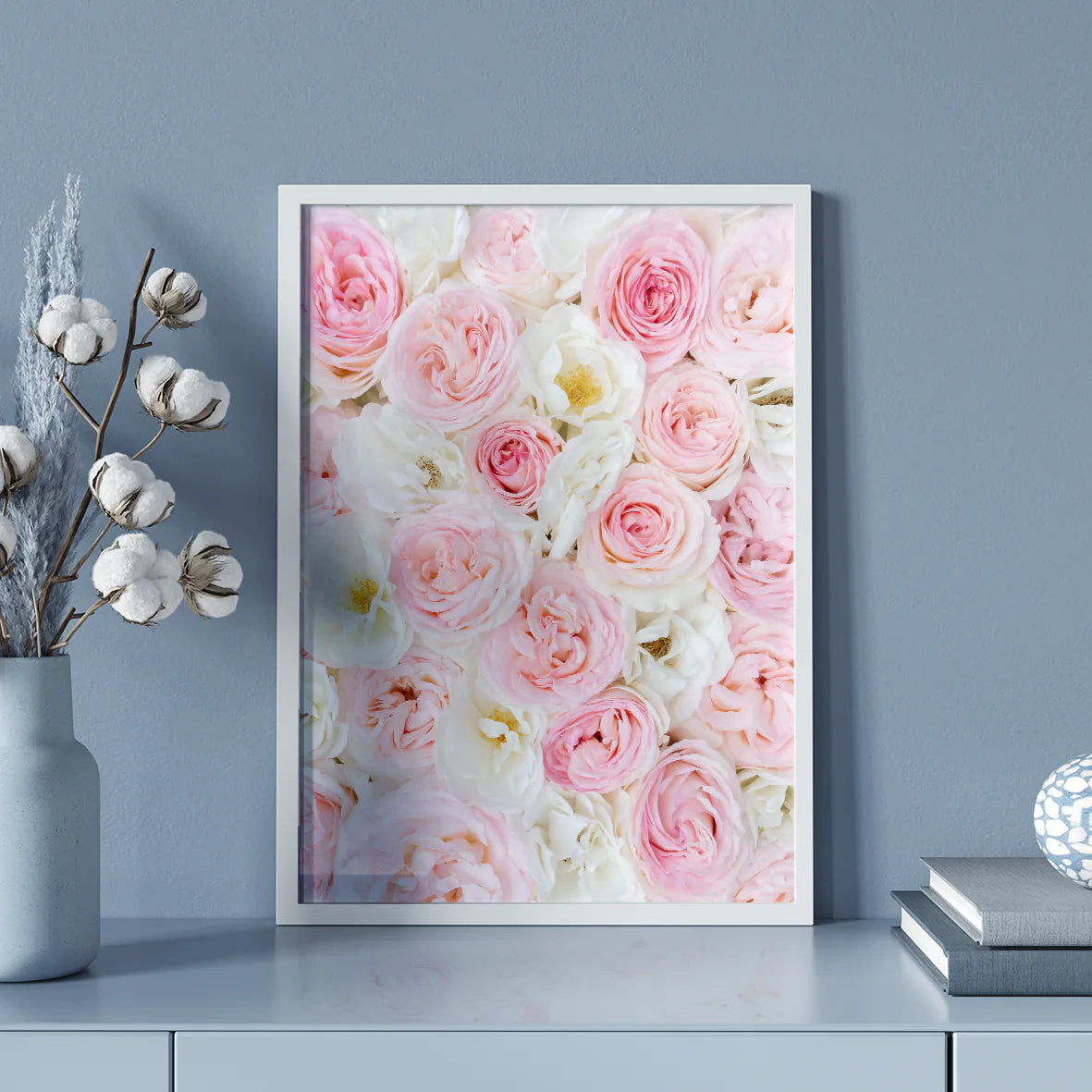 Soft-focus photography of a bed of pink and white roses