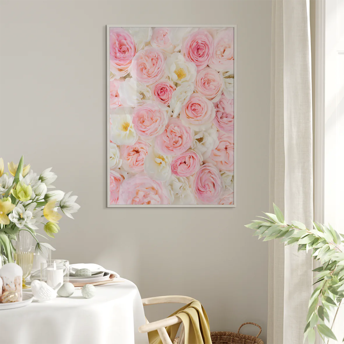 Soft-focus photography of a bed of pink and white roses