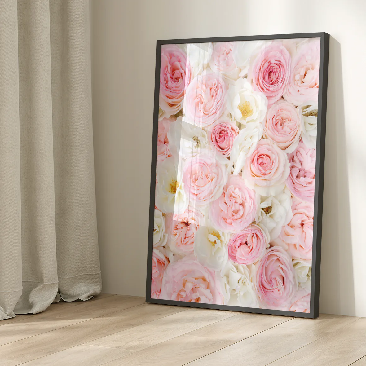 Soft-focus photography of a bed of pink and white roses