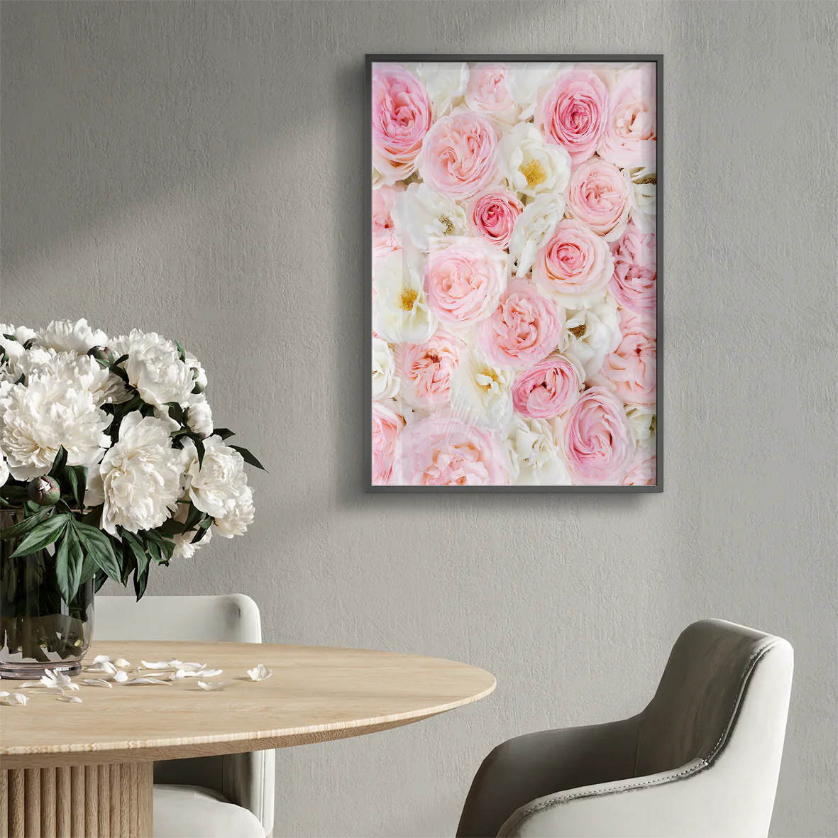 Soft-focus photography of a bed of pink and white roses