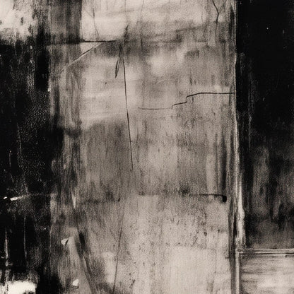 水墨画風の抽象画に描かれた黒の濃淡とかすれ、細い線のディテール拡大
