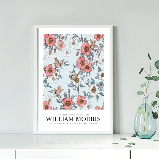 Charming bird and flower pattern from the William Morris Cotton Print Exhibition