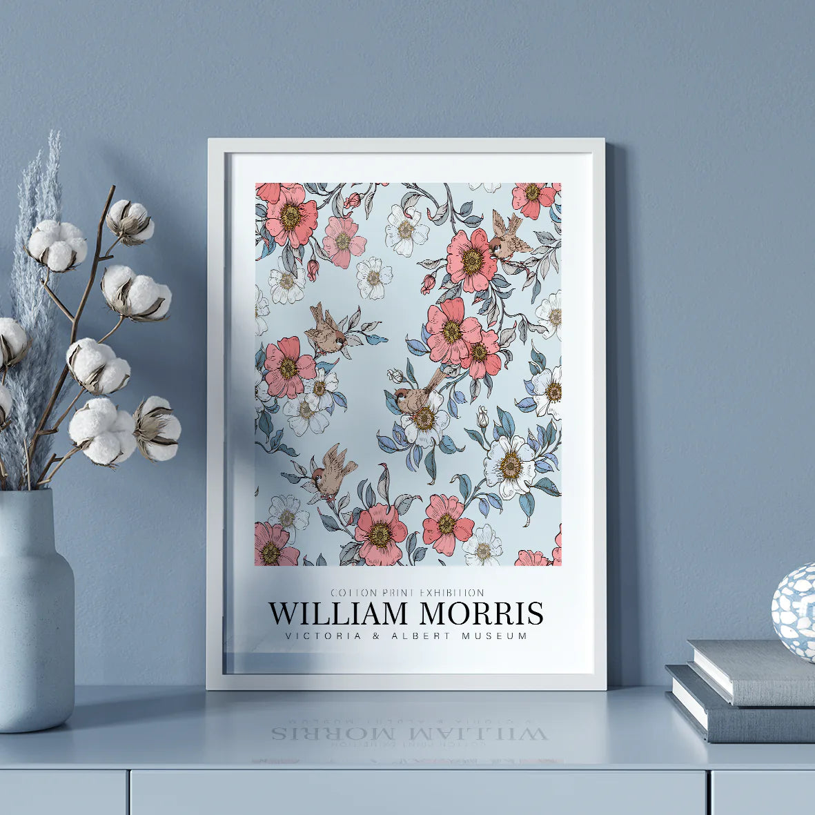 Charming bird and flower pattern from the William Morris Cotton Print Exhibition