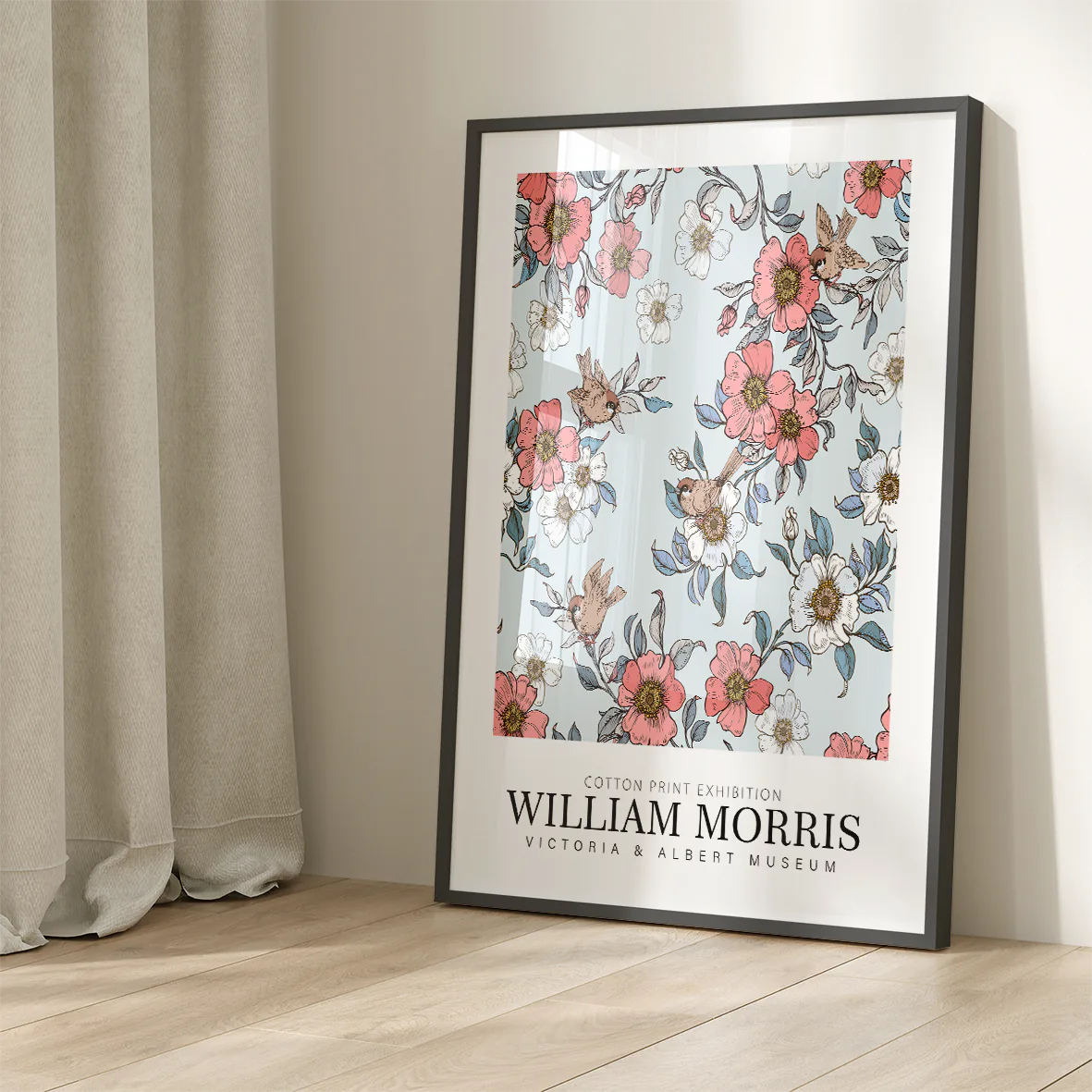 Charming bird and flower pattern from the William Morris Cotton Print Exhibition