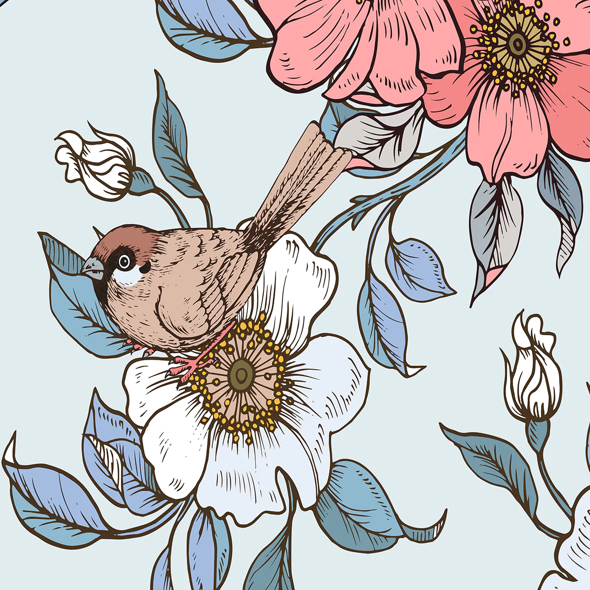 Charming bird and flower pattern from the William Morris Cotton Print Exhibition