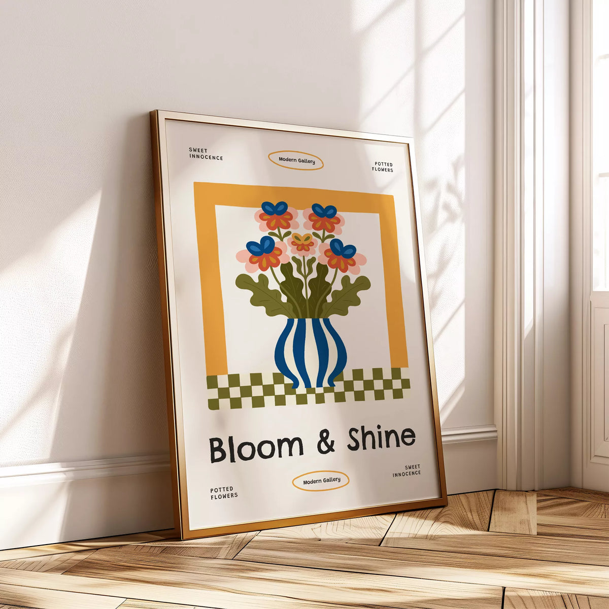 カーテン越しの光が入る室内に立て掛けた、花瓶とBloom & Shineの文字入りポスター