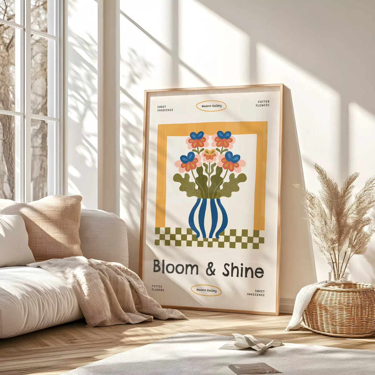 クッションとドライフラワーのある窓辺に置いた、Bloom & Shineの花柄ポスター