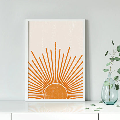 Modern sunrise wall art with stylized golden rays