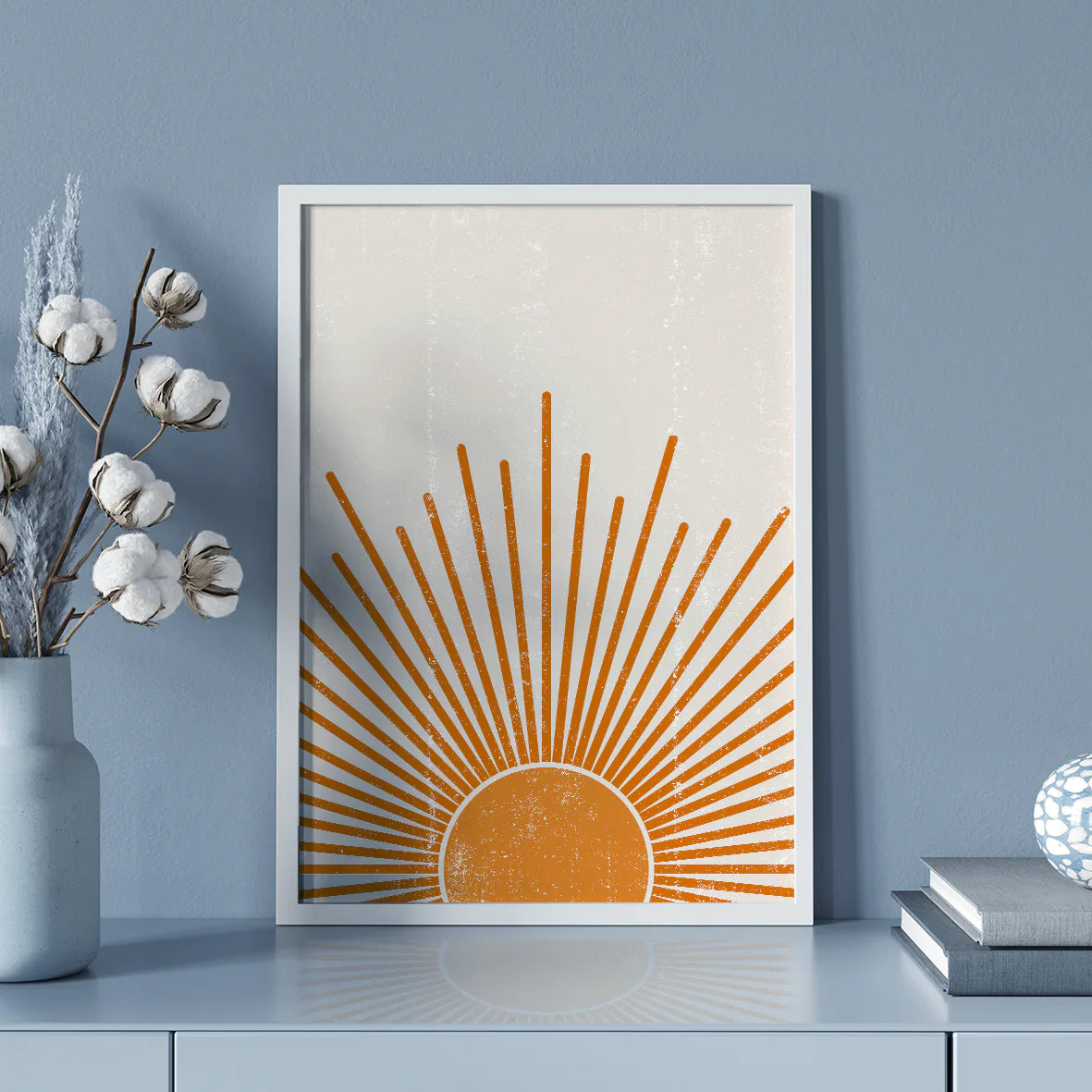 Modern sunrise wall art with stylized golden rays