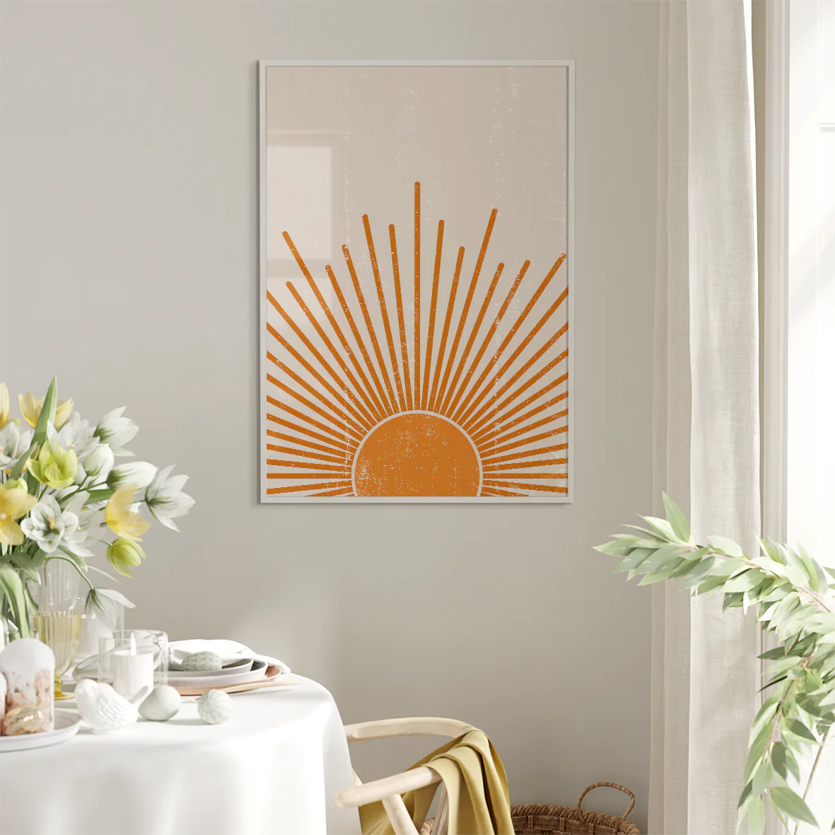 Modern sunrise wall art with stylized golden rays