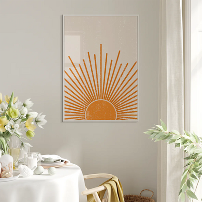 Modern sunrise wall art with stylized golden rays