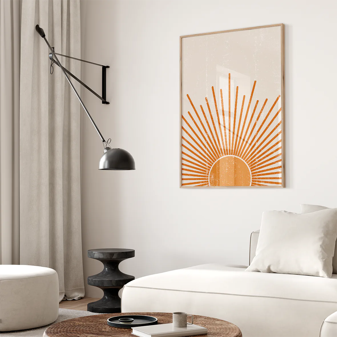 Modern sunrise wall art with stylized golden rays