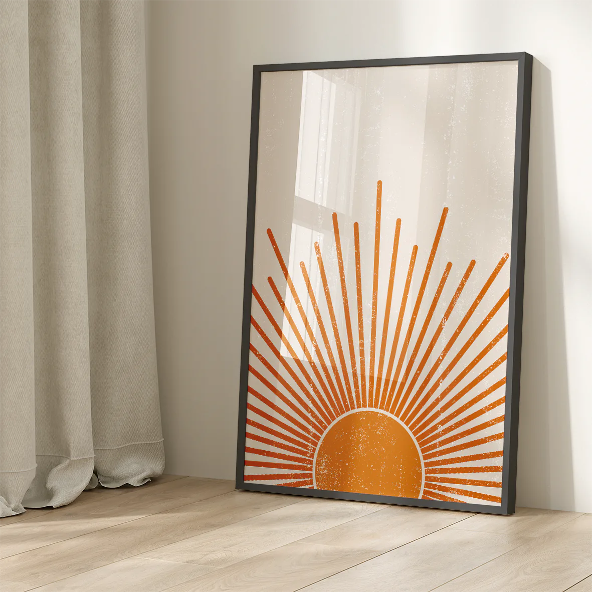 Modern sunrise wall art with stylized golden rays