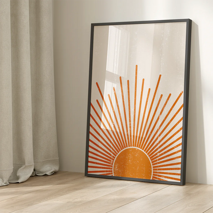 Modern sunrise wall art with stylized golden rays