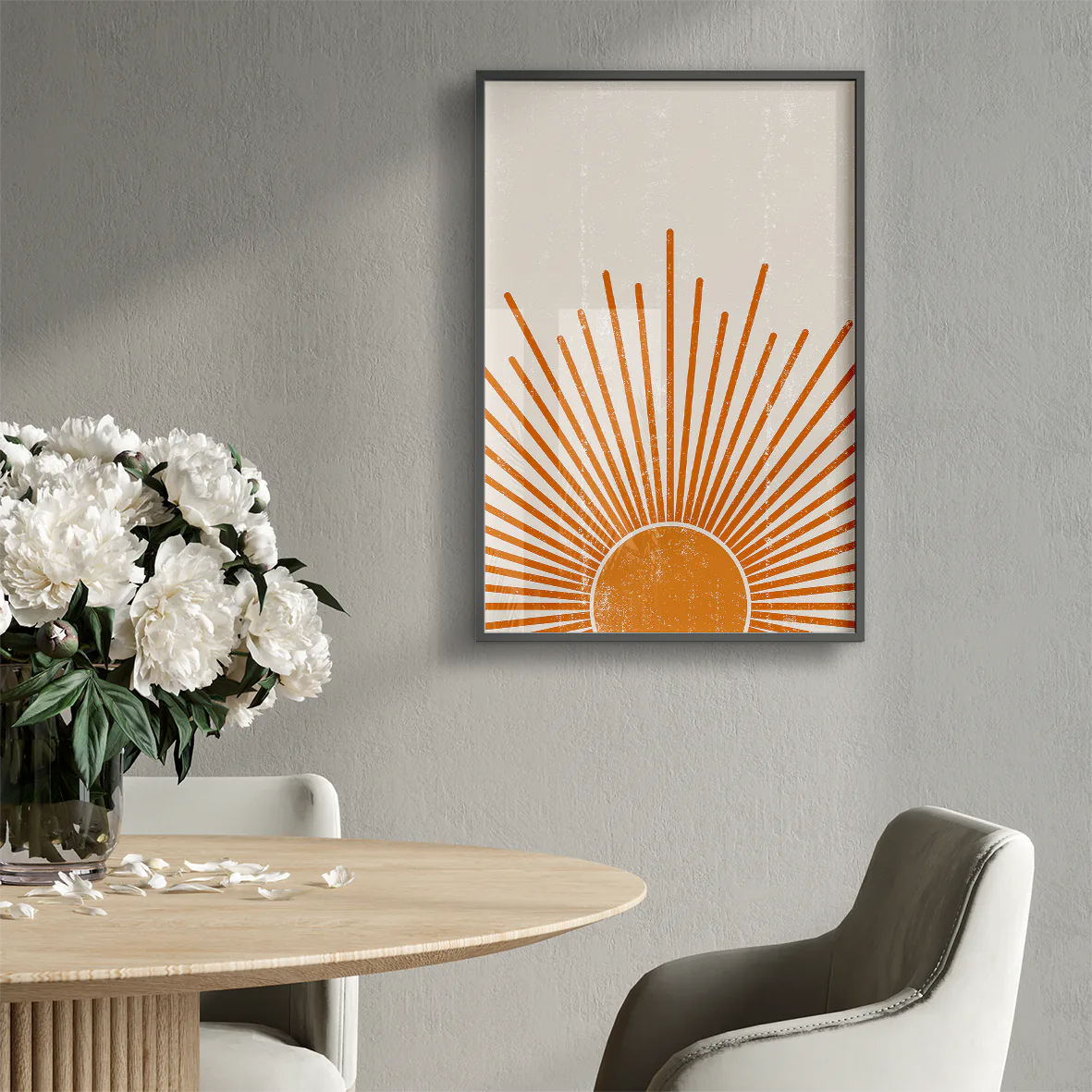 Modern sunrise wall art with stylized golden rays